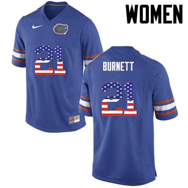 Women Florida Gators #21 McArthur Burnett College Football USA Flag Fashion Jerseys-Blue